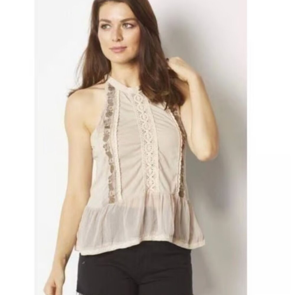 Bishop + Young Women’s Embroidered Open Back Lace Top Size M Tan Boho